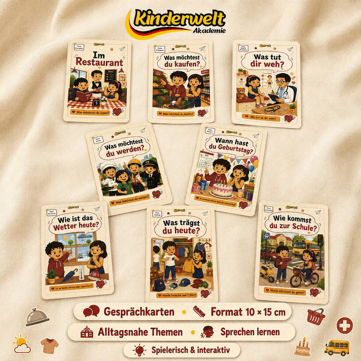 Seven Everyday Topics Conversation Cards – German conversation cards for kids, product overview | Kinderwelt Akademie
