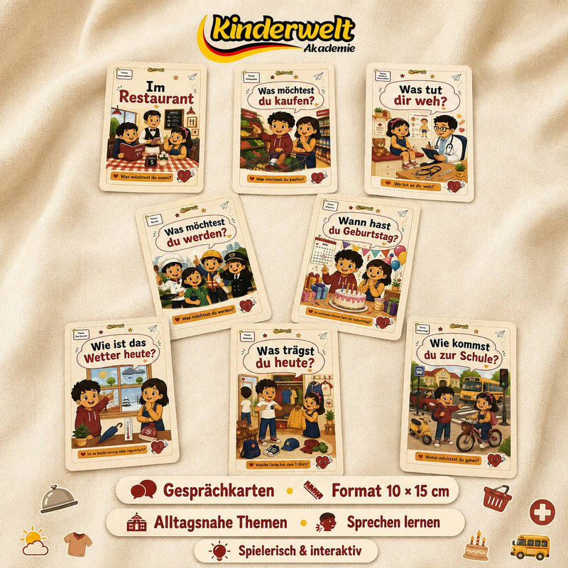 Seven Everyday Topics Conversation Cards – German conversation cards for kids, product overview | Kinderwelt Akademie