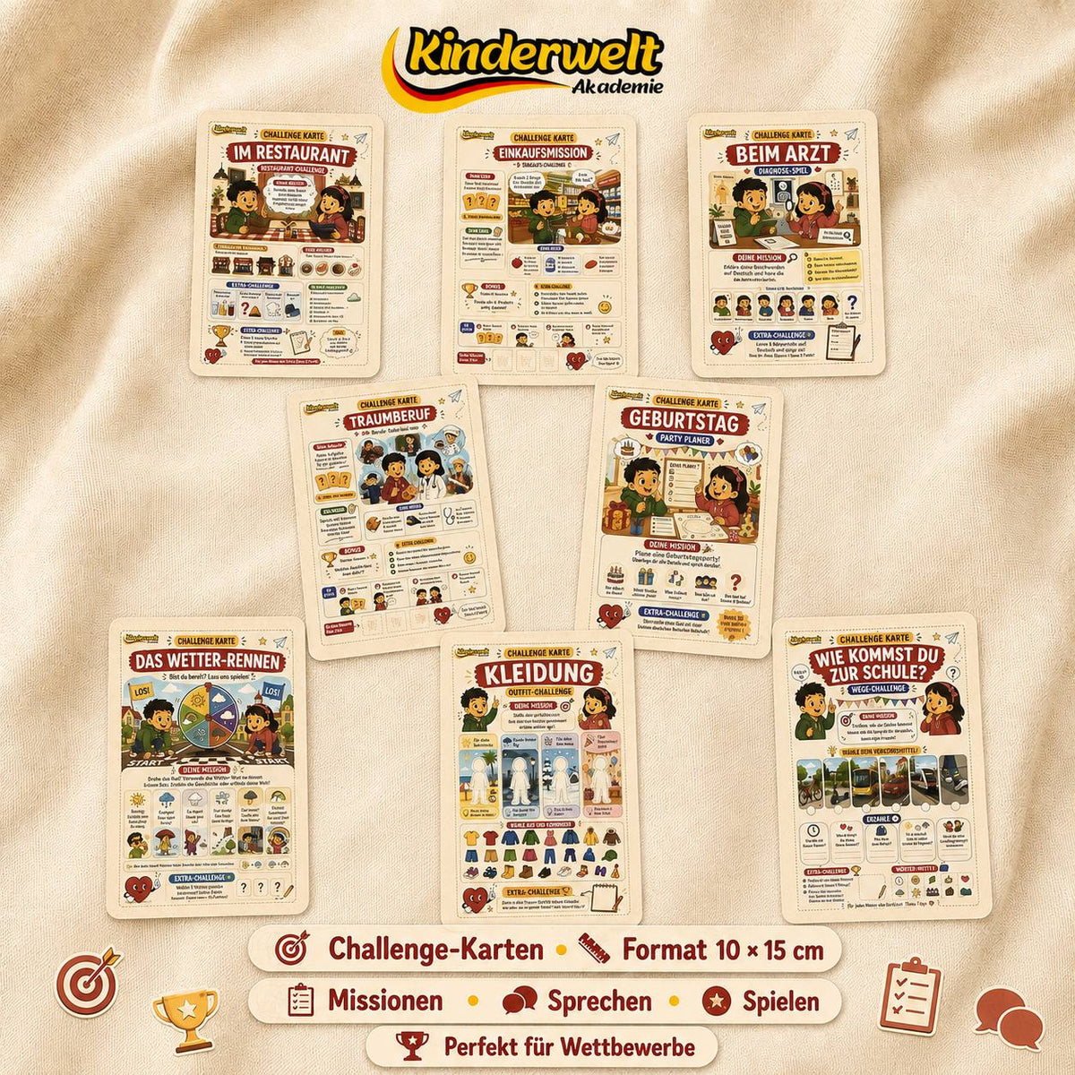 Seven Everyday Topics Conversation Cards – German conversation cards for kids, learning materials | Kinderwelt Akademie