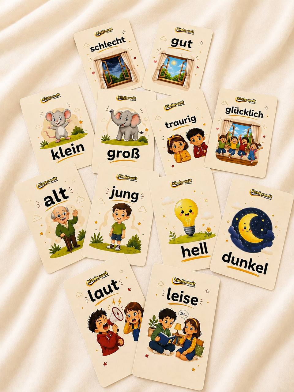 Adjectives & Opposites Cards – German adjectives and opposites cards for kids, product overview | Kinderwelt Akademie