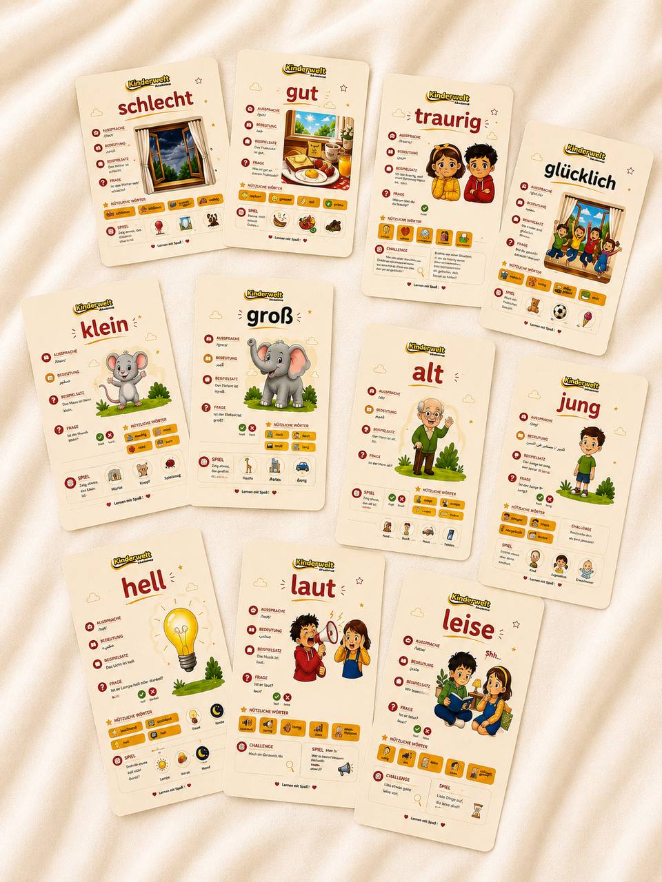 Adjectives & Opposites Cards – German adjectives and opposites cards for kids, learning materials | Kinderwelt Akademie