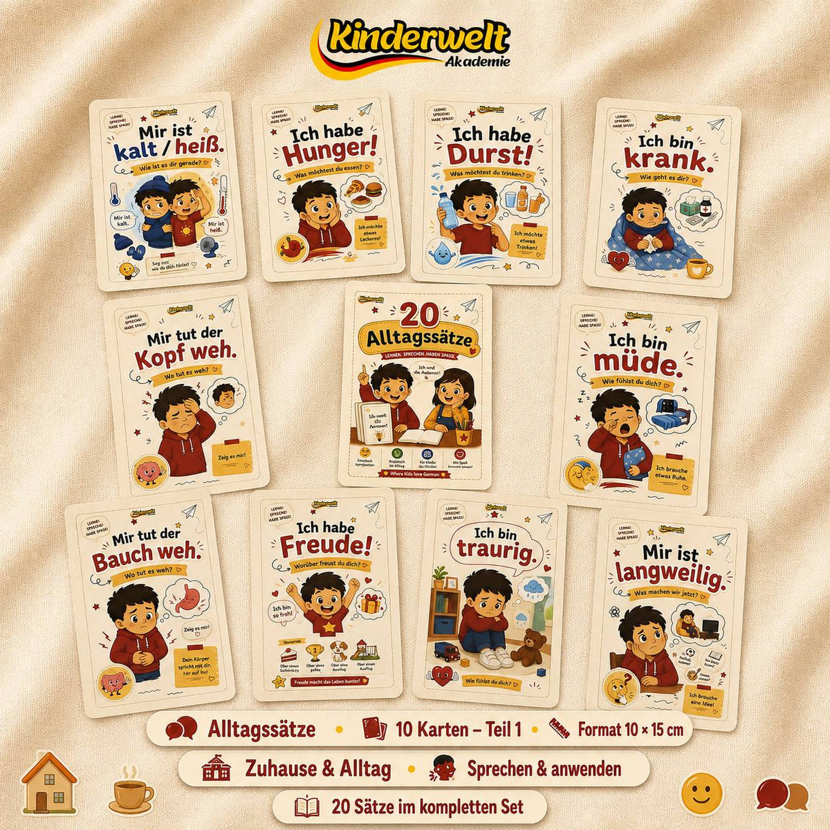 Everyday Phrases Conversation Cards – German conversation cards for kids, product overview | Kinderwelt Akademie