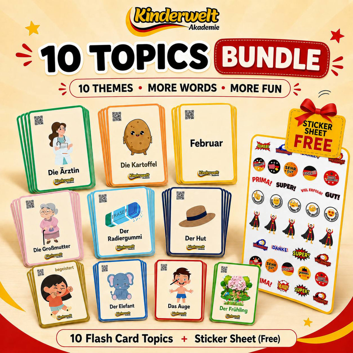 10-Topic Flash Card Pack + Free Sticker Sheet – German vocabulary flash cards for kids | Kinderwelt Akademie