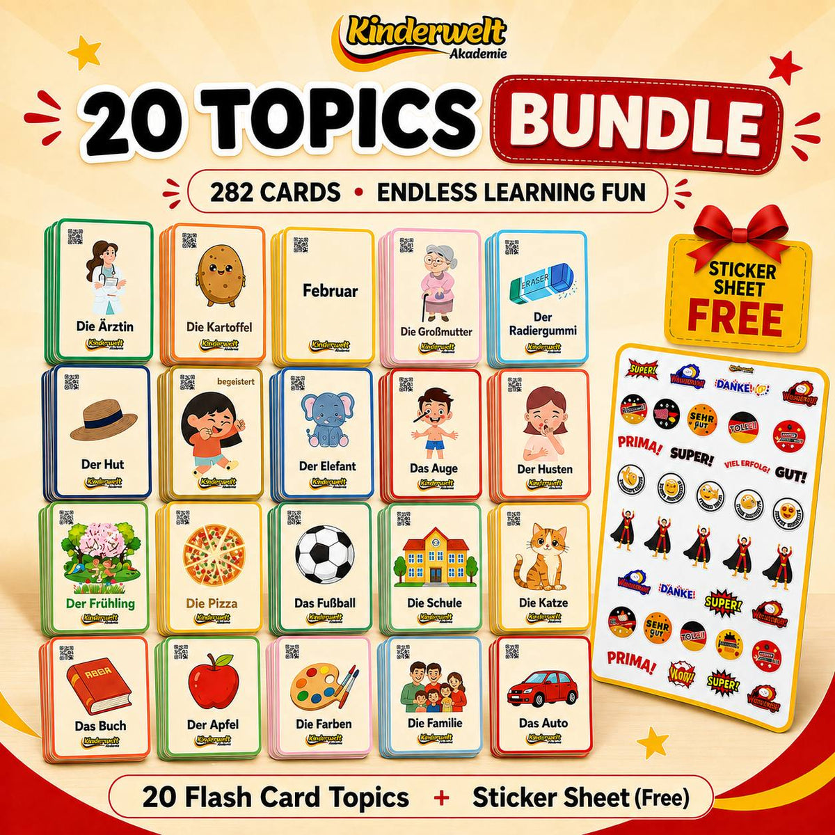 20-Topic Flash Card Pack + Free Sticker Sheet – German vocabulary flash cards for kids | Kinderwelt Akademie