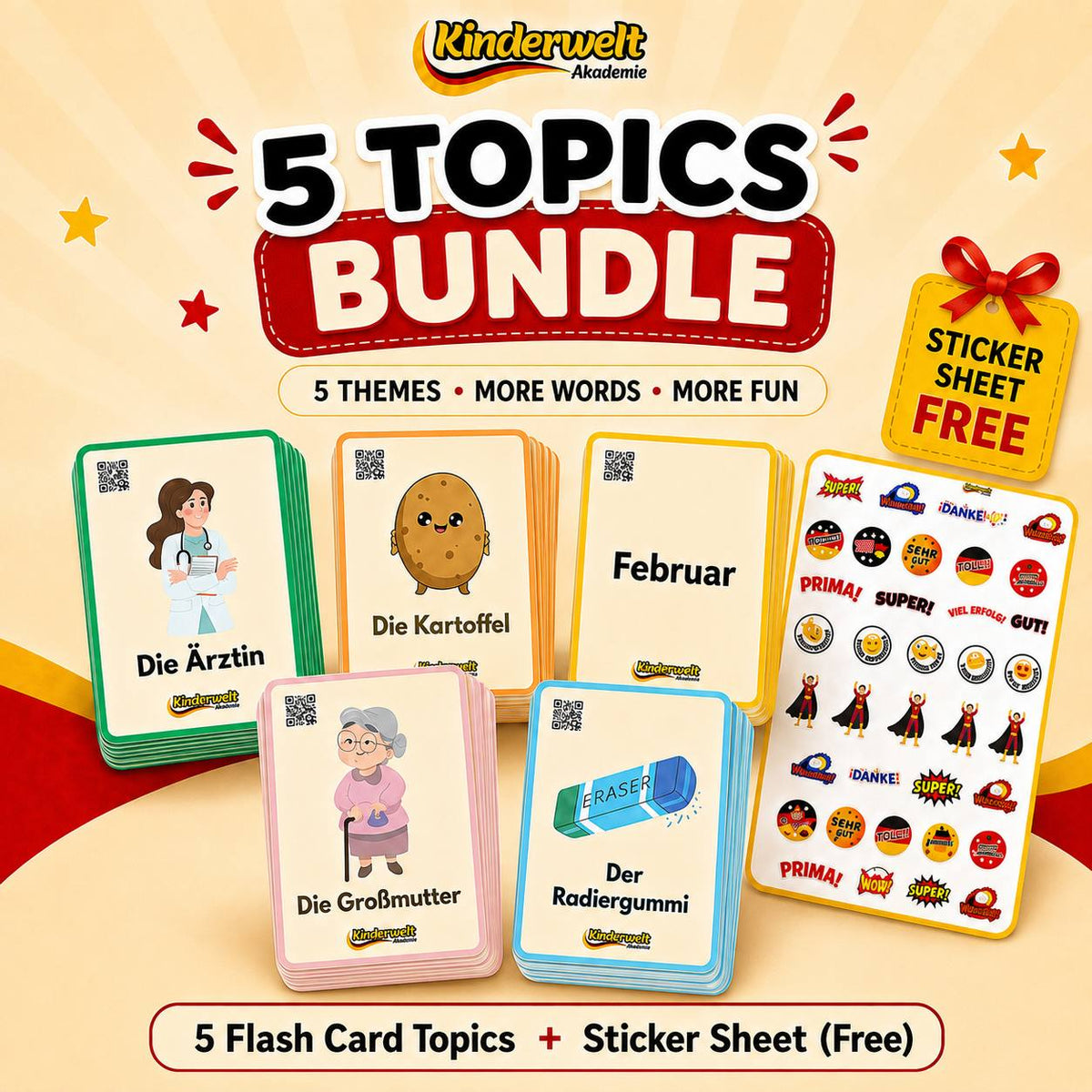 5-Topic Flash Card Pack + Free Sticker Sheet – German vocabulary flash cards for kids | Kinderwelt Akademie