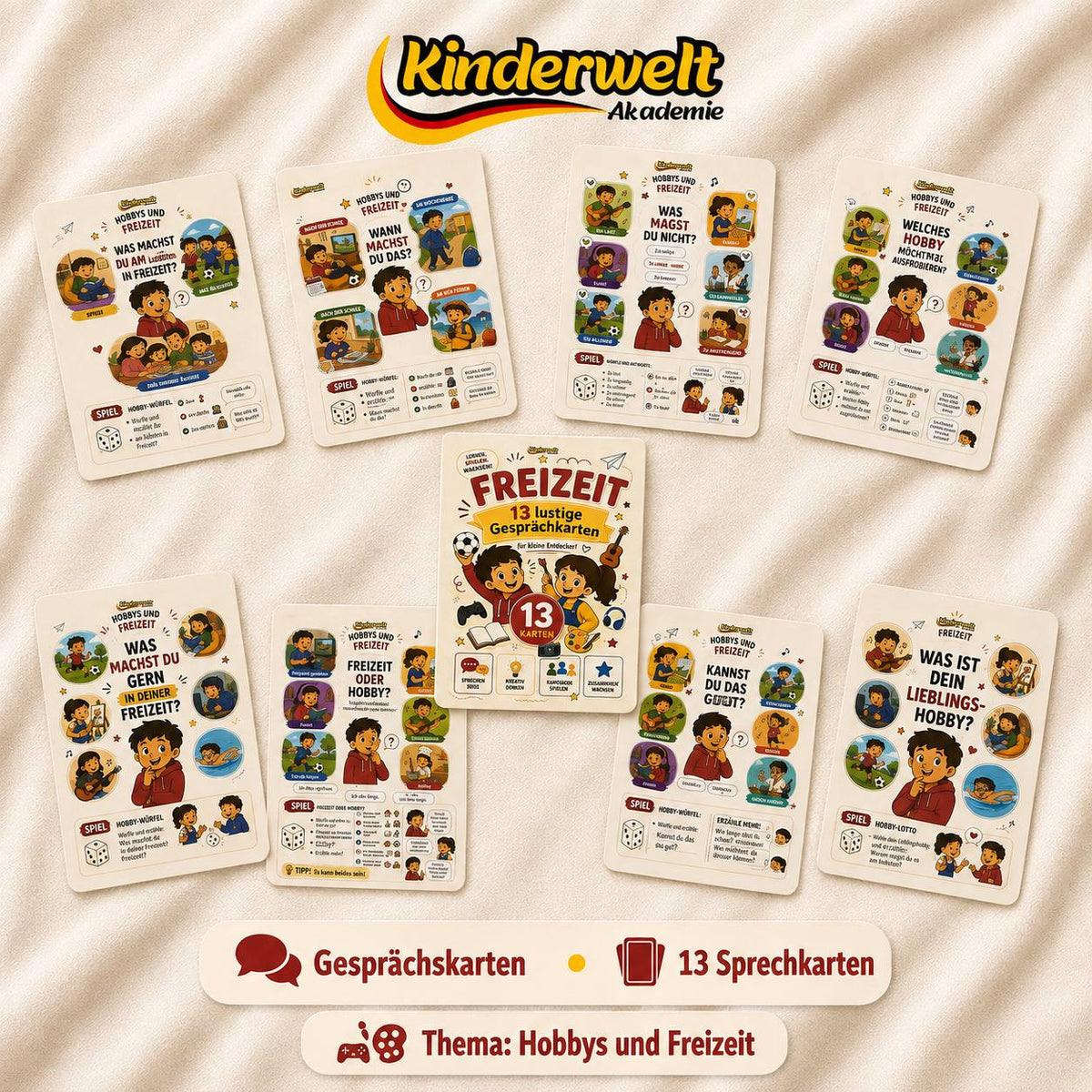 Hobbies & Free Time Conversation Cards – German conversation cards for kids, product overview | Kinderwelt Akademie