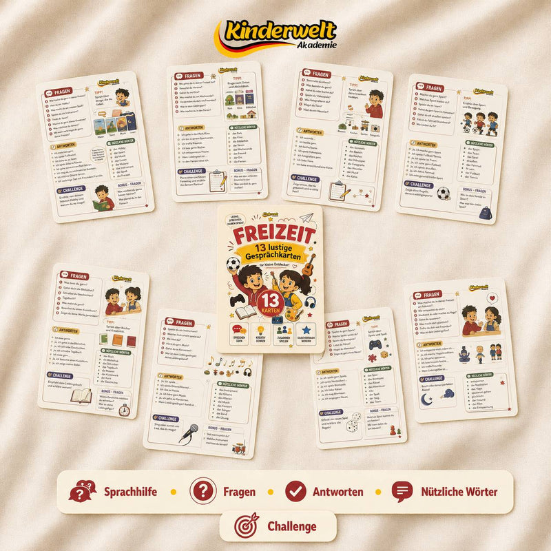 Hobbies & Free Time Conversation Cards – German conversation cards for kids, learning materials | Kinderwelt Akademie