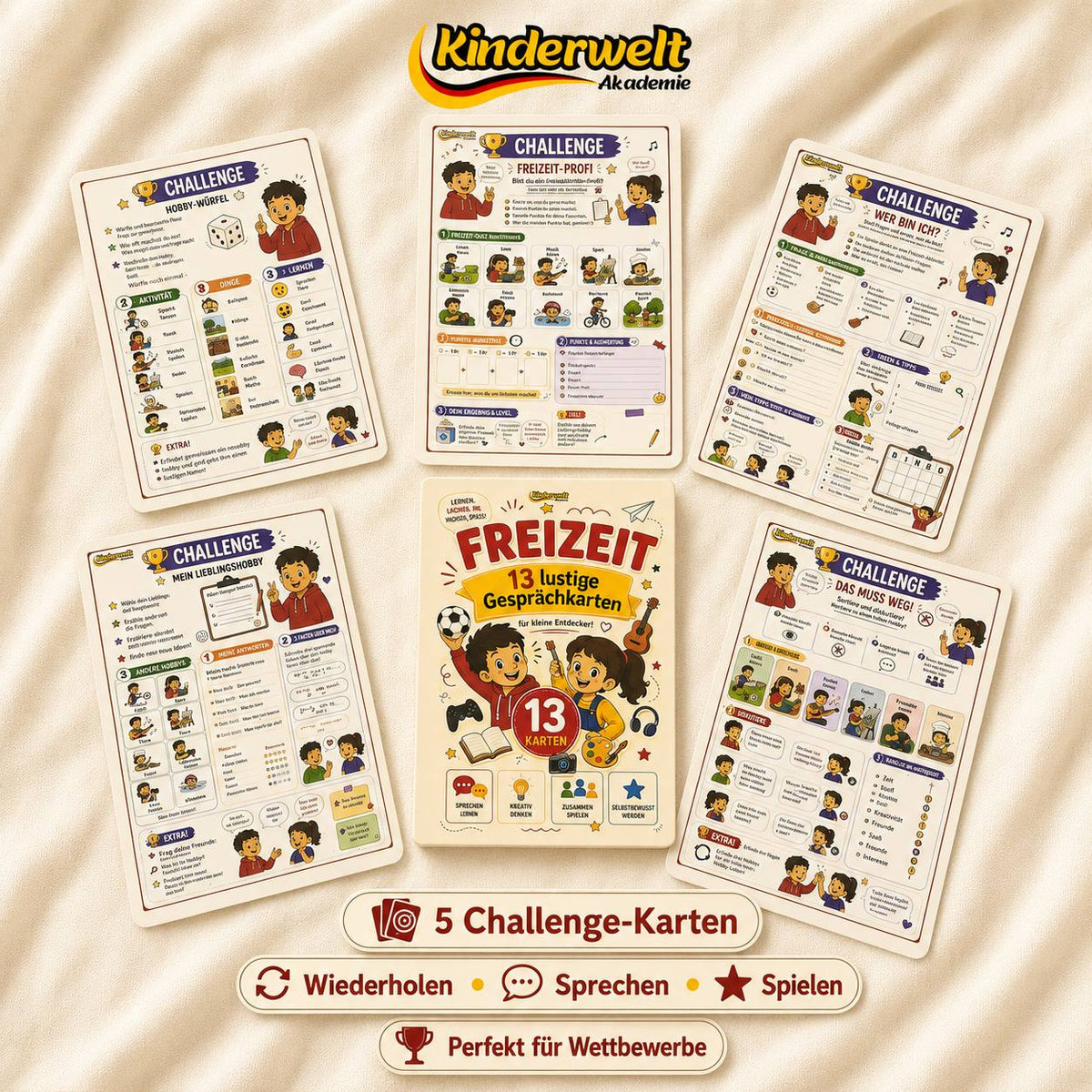 Hobbies & Free Time Conversation Cards – German conversation cards for kids, content preview | Kinderwelt Akademie