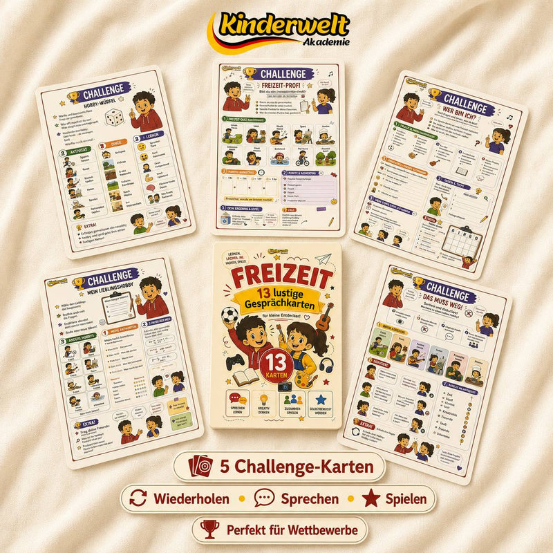 Hobbies & Free Time Conversation Cards – German conversation cards for kids, content preview | Kinderwelt Akademie