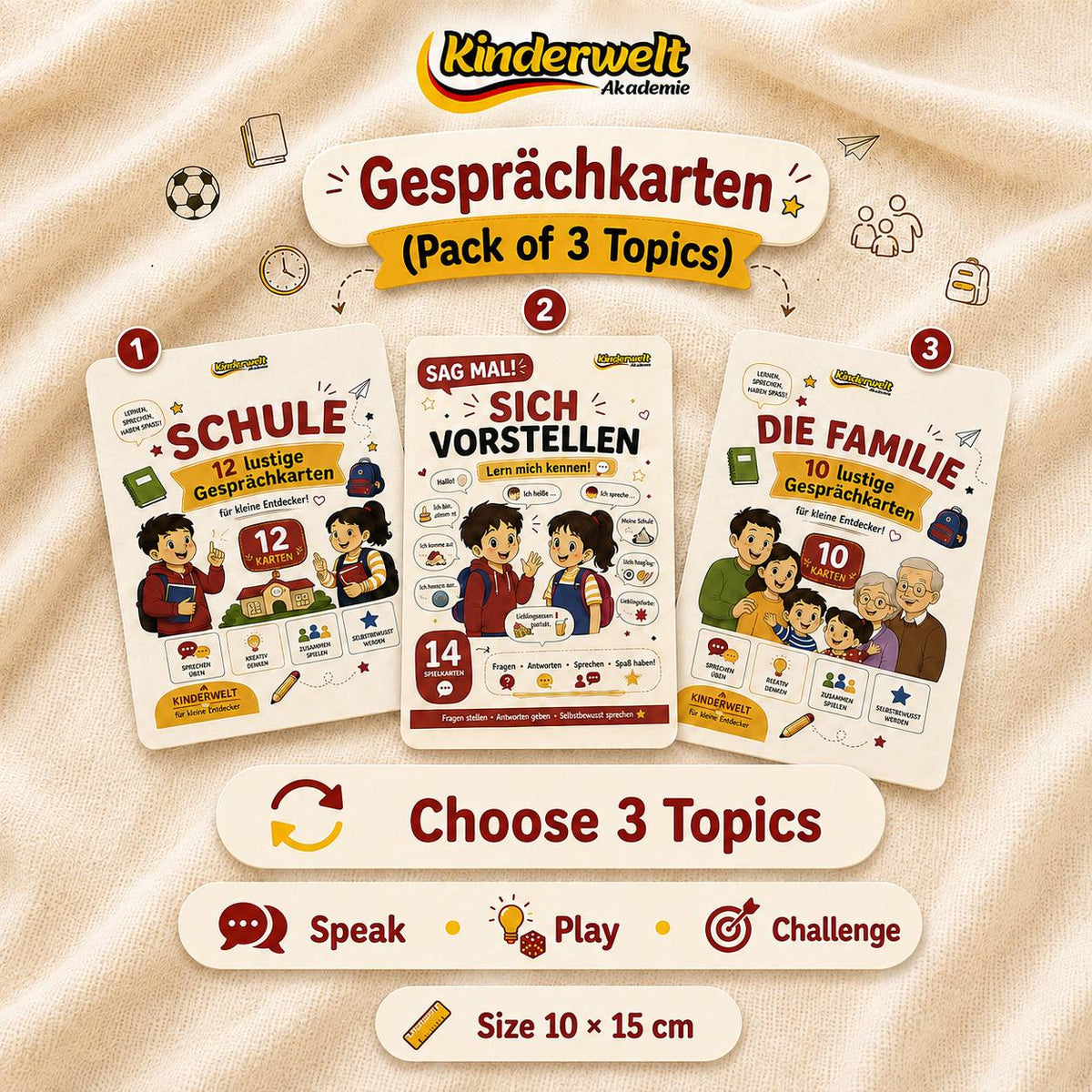 3-Topic Conversation Card Pack – German conversation cards for kids | Kinderwelt Akademie