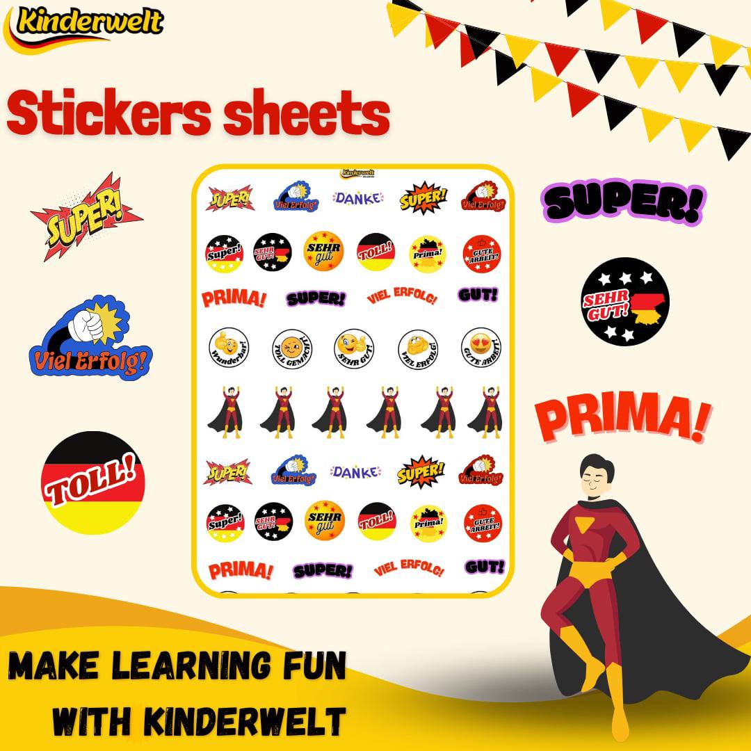 Kinderwelt Sticker Sheet – German learning reward stickers for kids | Kinderwelt Akademie