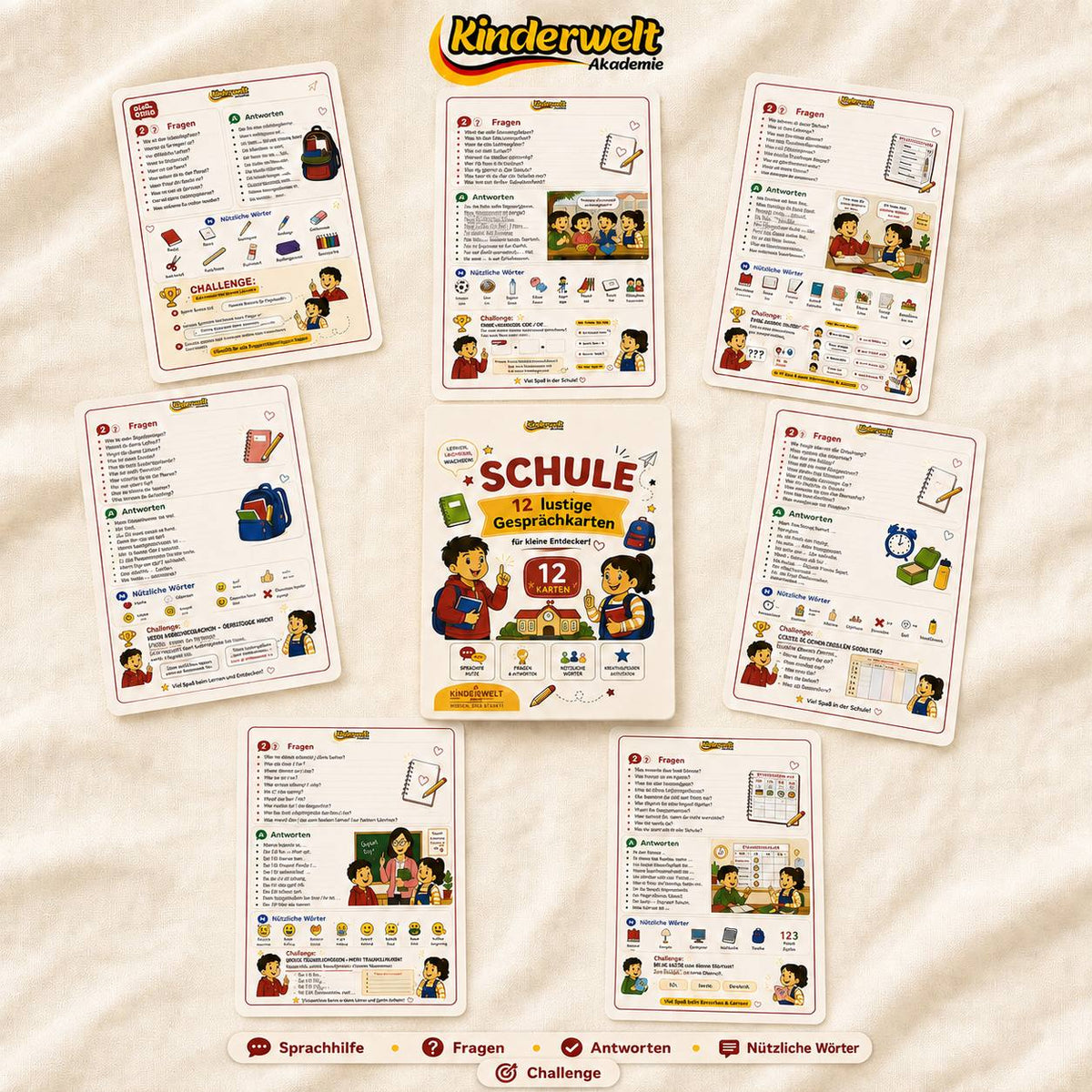 School Conversation Cards – German conversation cards for kids, learning materials | Kinderwelt Akademie