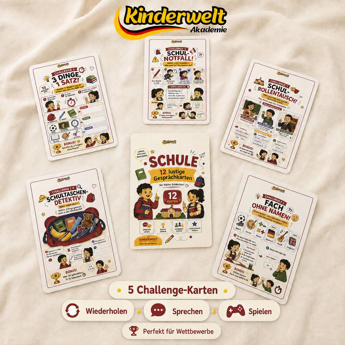 School Conversation Cards – German conversation cards for kids, content preview | Kinderwelt Akademie