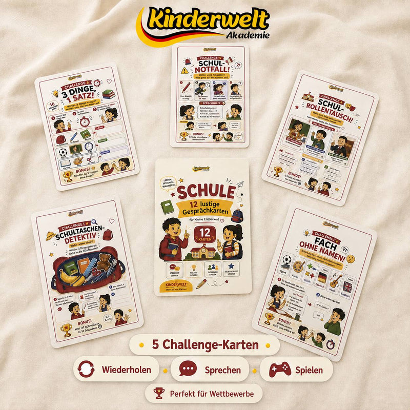 School Conversation Cards – German conversation cards for kids, content preview | Kinderwelt Akademie