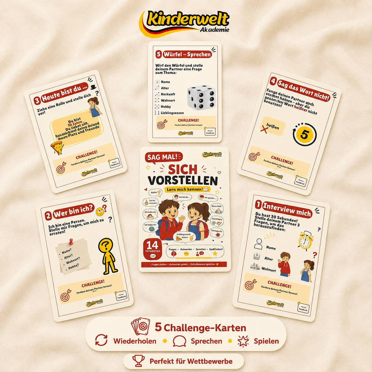 Introducing Yourself Conversation Cards – German conversation cards for kids, product overview | Kinderwelt Akademie
