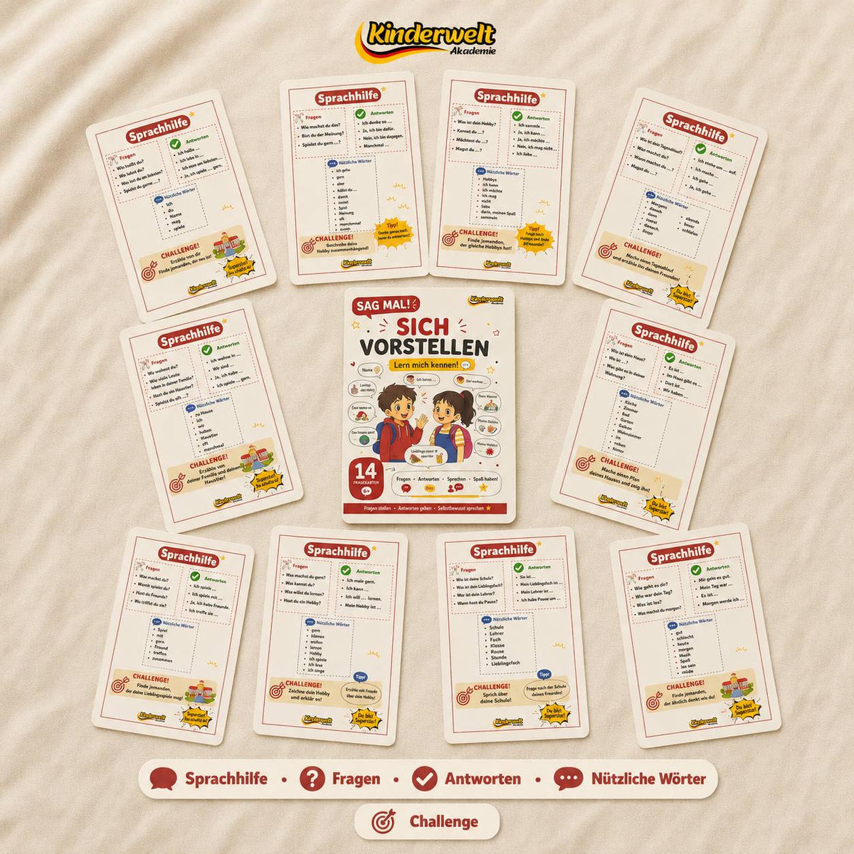 Introducing Yourself Conversation Cards – German conversation cards for kids, learning materials | Kinderwelt Akademie