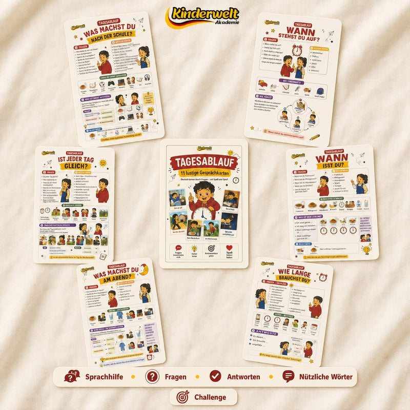 Daily Routine Conversation Cards – German conversation cards for kids, product overview | Kinderwelt Akademie