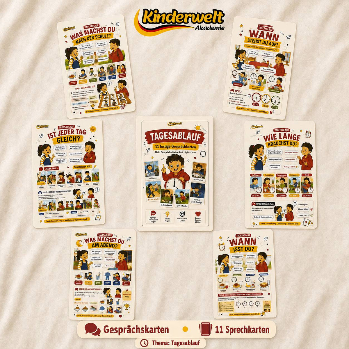 Daily Routine Conversation Cards – German conversation cards for kids, learning materials | Kinderwelt Akademie