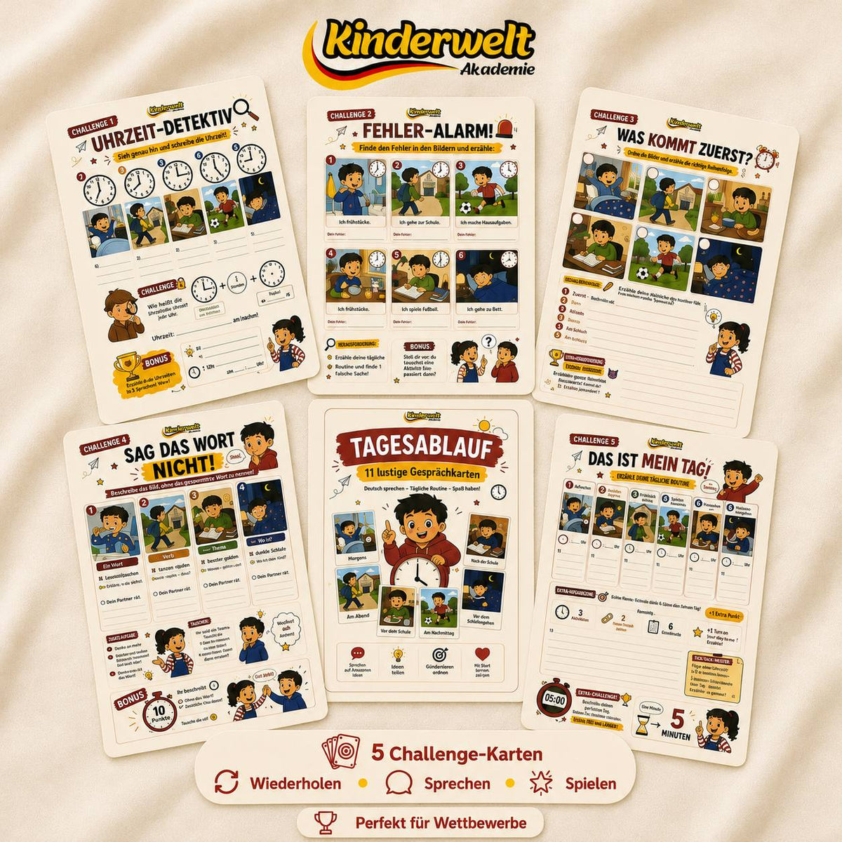 Daily Routine Conversation Cards – German conversation cards for kids, content preview | Kinderwelt Akademie