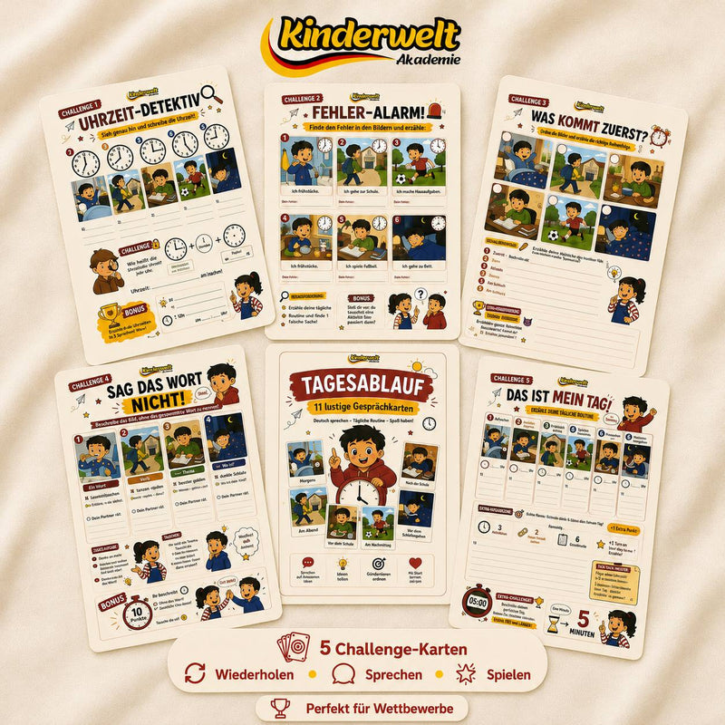 Daily Routine Conversation Cards – German conversation cards for kids, content preview | Kinderwelt Akademie